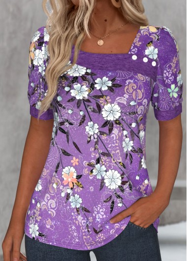 ROTITA Button Floral Print Purple Square Neck T Shirt