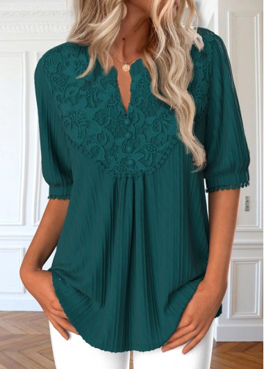 ROTITA Lace Peacock Blue Split Neck Half Sleeve Blouse