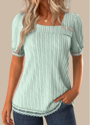 ROTITA Lace Sage Green Asymmetrical Neck Short Sleeve Blouse