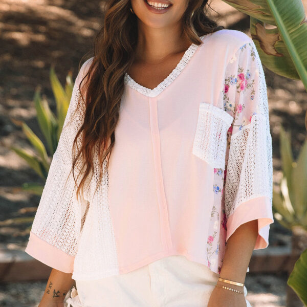Get ready to feel the love with this gorgeous floral blouse. Spice up your style with delicate lace crochet accents. Enjoy ultimate comfort and flexibility with chic batwing sleeves. Get an easy