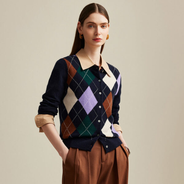 Elevate your wardrobe with this classic Argyle Pattern Button-Up Cardigan