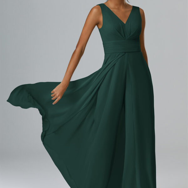 Rock a modern casual-cool vibe in this chiffon jumpsuit designed with an alluring V-neck and leg-elongating floor-length hemline.