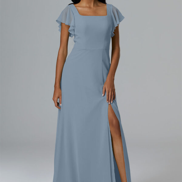 graced with a square neckline and a floor-grazing hem