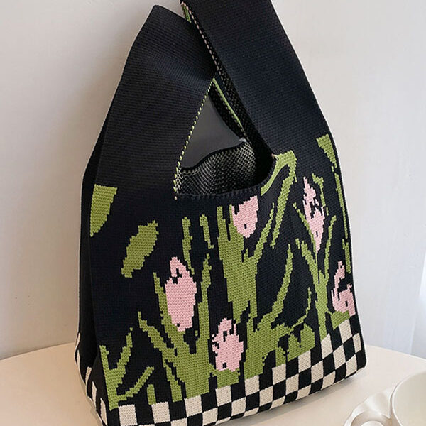 Floral Printed Checkerboard Woven Handbag Bags Accessories BLACK-One_size SkuCY-!116287MaterialPolyester FeatureCheckerboard