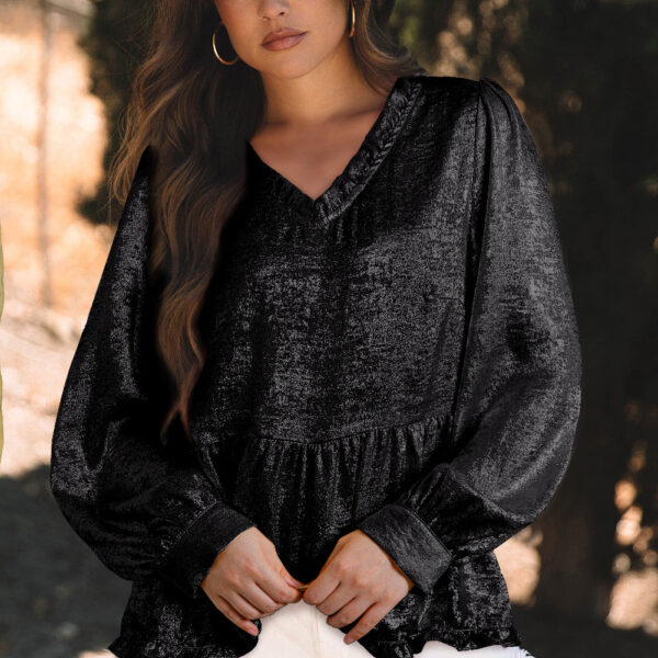 Shine bright in this metallic fabric babydoll blouse! Featuring a flirty frilled V-neckline