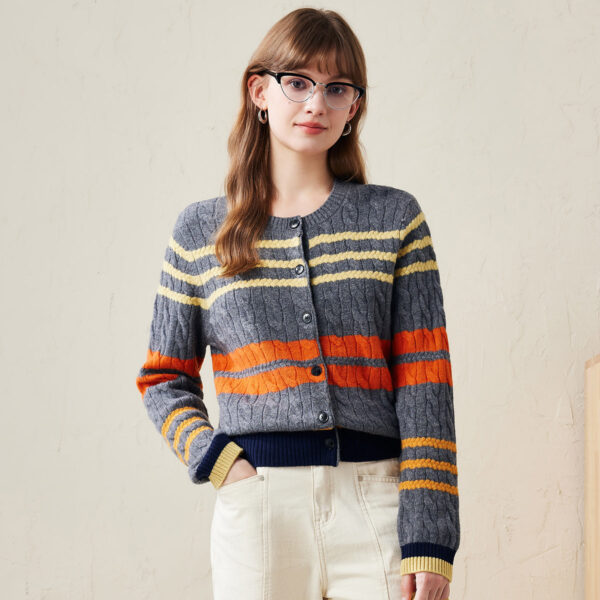 Embrace the cozy vibes of autumn with our Striped Cable Knit Button-Up Cardigan. This cardigan is the perfect blend of style and comfort