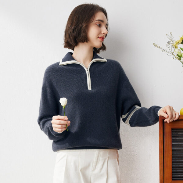 Elevate your casual wardrobe with our Elegant Contrast Trim Zip-Up Sweater. This versatile piece combines comfort and style effortlessly