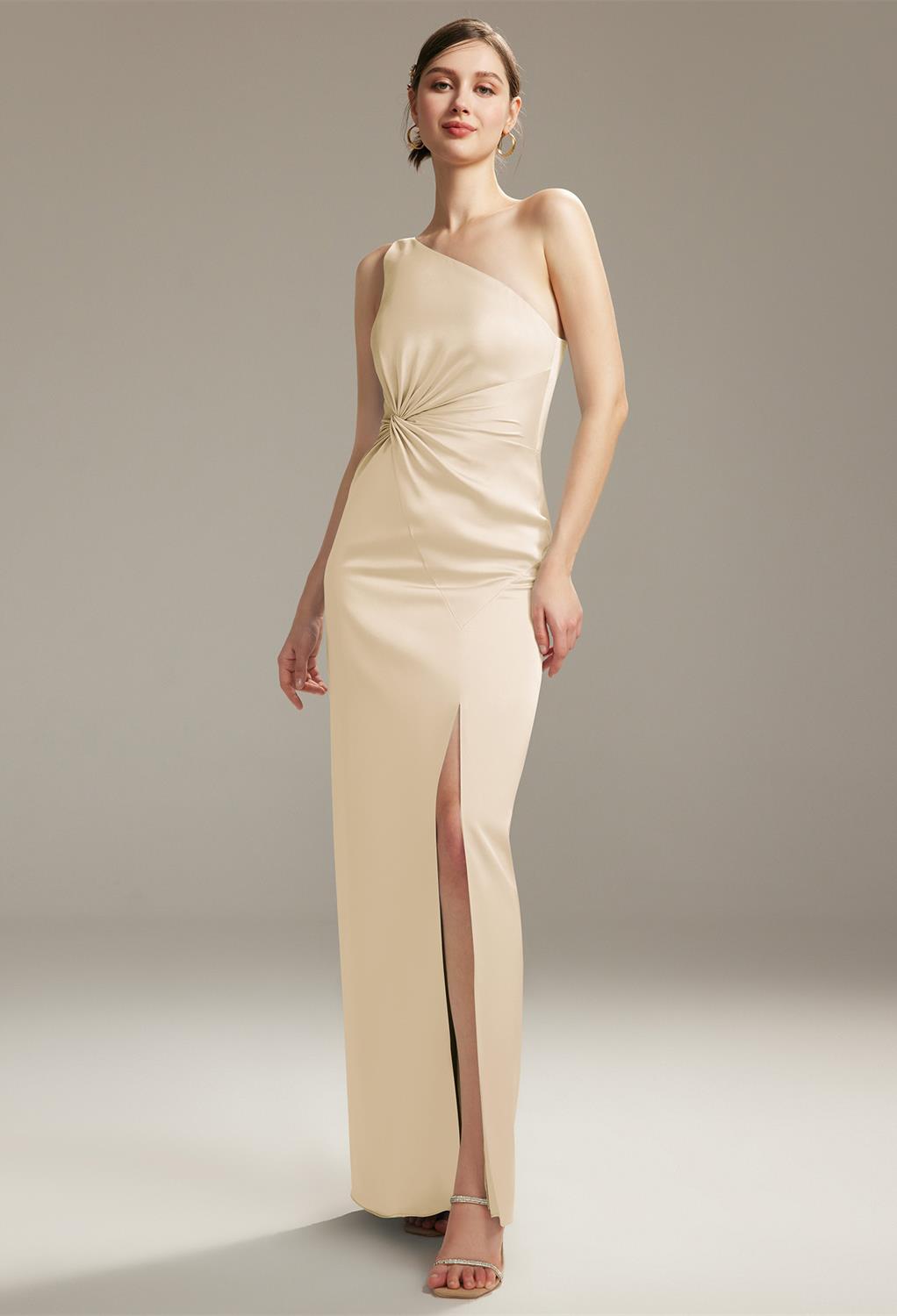 chic and charming would opt for. It is designed with the choicest satin charmeuse material as a floor-length gown with an
