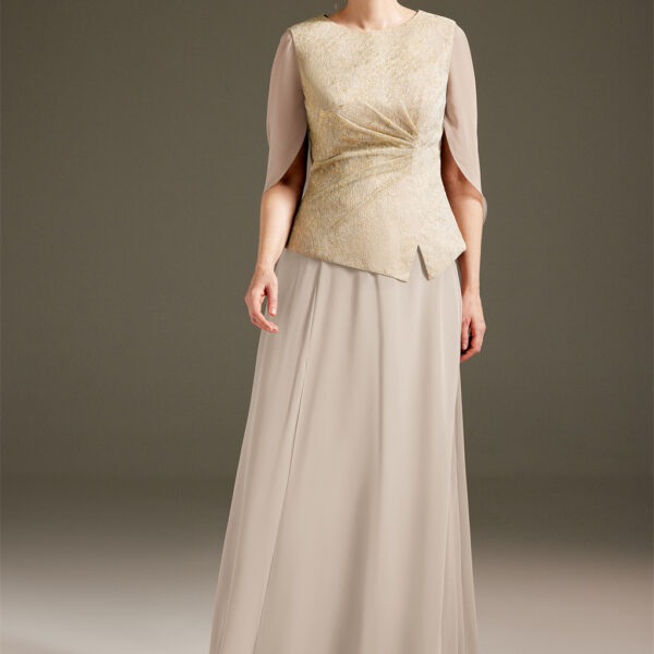 floor-length dress is designed from exquisite shimmer pleated mesh. It captivates a beholder with its alluring jewel neckline bodice with side drapes