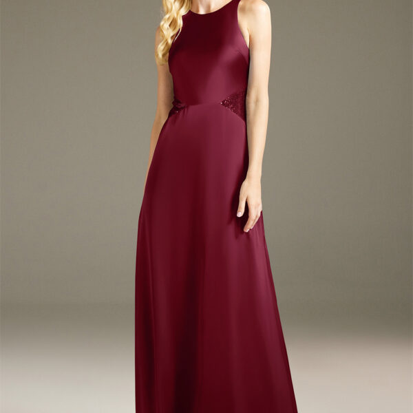 jewel neckline bodice with an A-line silh