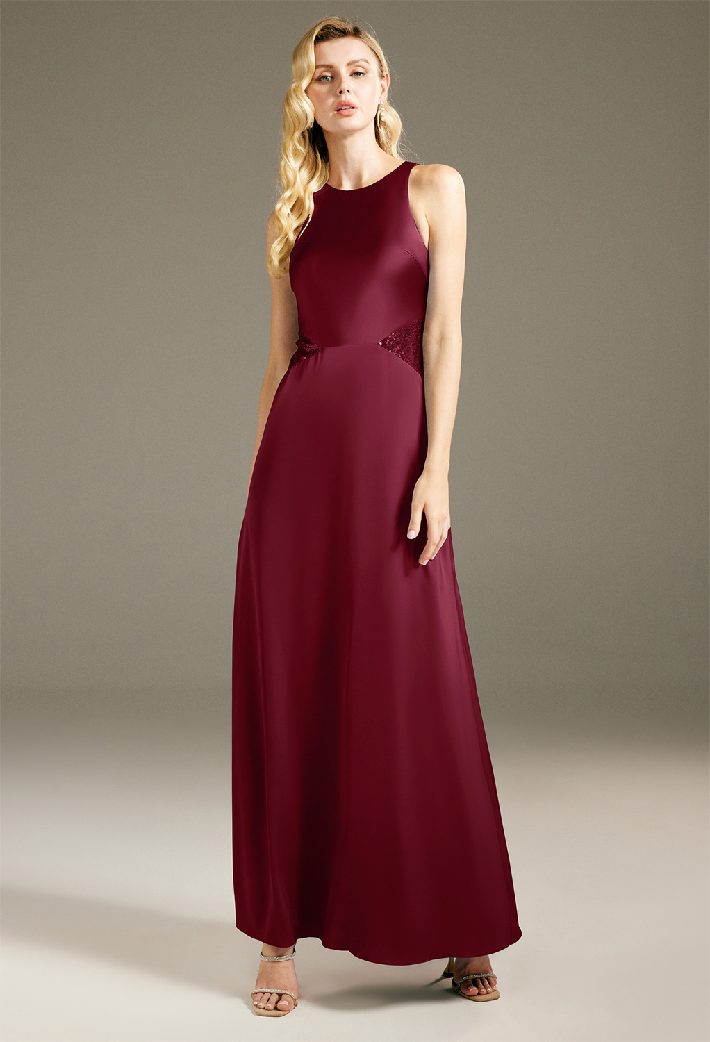jewel neckline bodice with an A-line silh