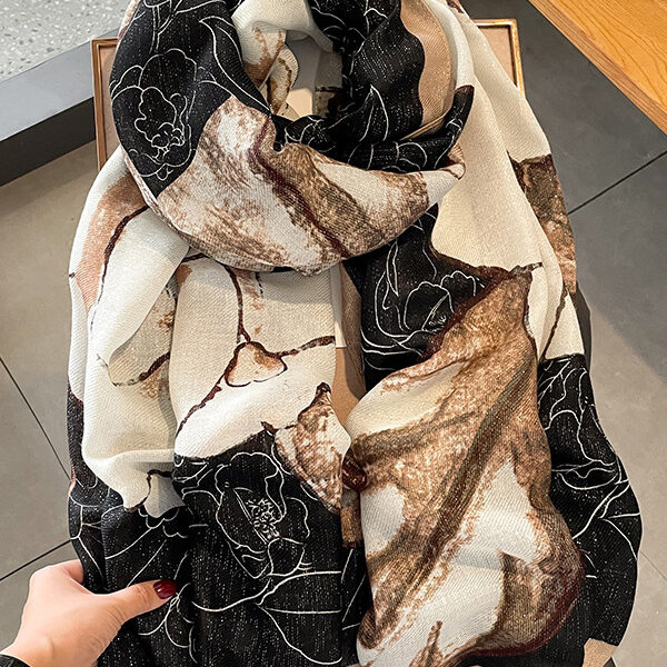 Ramie Cotton Lotus Print Warm Shawl Scarf BLACK WHITE-One_size SkuCY-!111470MaterialRamie Cotton