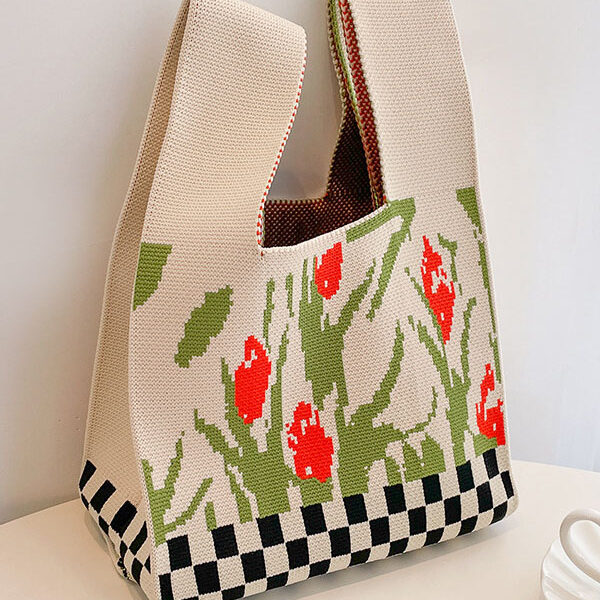 Floral Printed Checkerboard Woven Handbag Bags Accessories BEIGE-One_size SkuCY-!116287MaterialPolyester FeatureCheckerboard