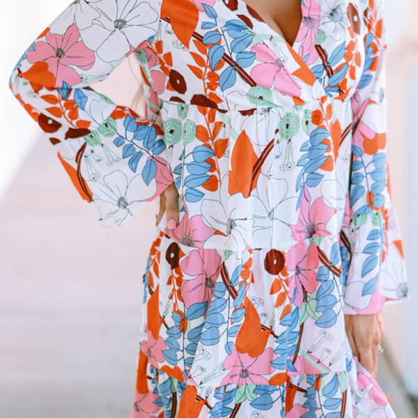 Experience the beauty of Spring in this delicate crepe dress! The fresh multicolor blooms will make you feel like you're in a secret garden. The surplice v-neckline adds a romantic touch and the cinched bell sleeves provide structure. Perfect for an eveni