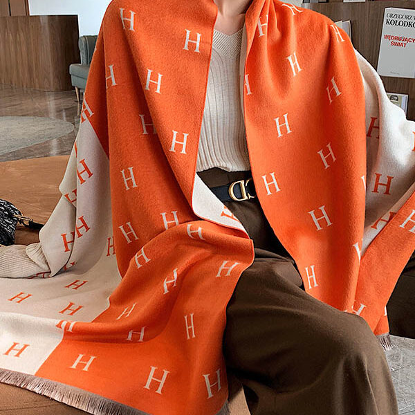 H Print Contrast Color Imitation Cashmere Shawl Scarf ORANGE-FREE SIZE SkuCY-!71121MaterialImitated Cashmere FeaturePrinted
