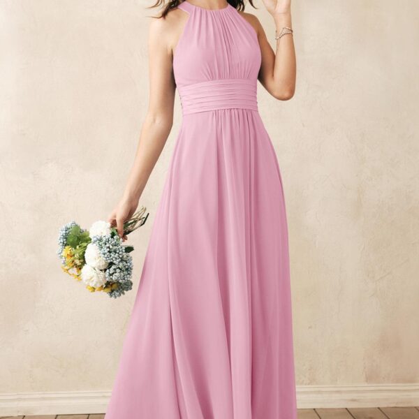 with a bib neckline and plenty of pretty pleats. This floor length gown is made from the prettiest chiffon