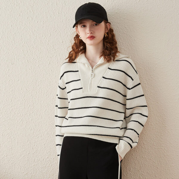 Elevate your casual wardrobe with our Cozy Striped Ribbed Half-Zip Sweater. Crafted with 100% high-quality wool
