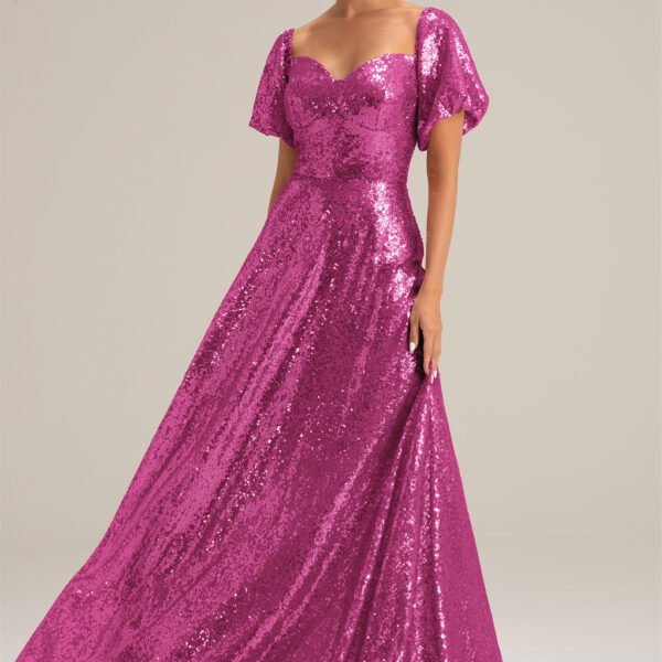 the A-line floor-length bridesmaid dress adorned in sequined material is stylish. The sweetheart neckline ensures you'll sparkle.
