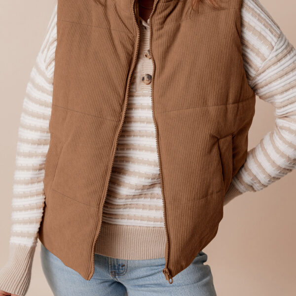 Get ready to elevate your winter style game with this corduroy vest! Prepare to feel sophisticated and cozy with a stand neck design that adds a touch of elegance and warmth. Say goodbye to struggling with complicated closures - our zipper closure offers