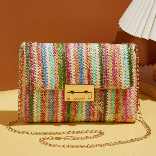 A snazzy and hip striped crochet patternSnug and dependable flapped fasteningSmall and sleek dimensions of 8*2.5*5.5in for easy carrying Top-notch PU leather for long-lasting use