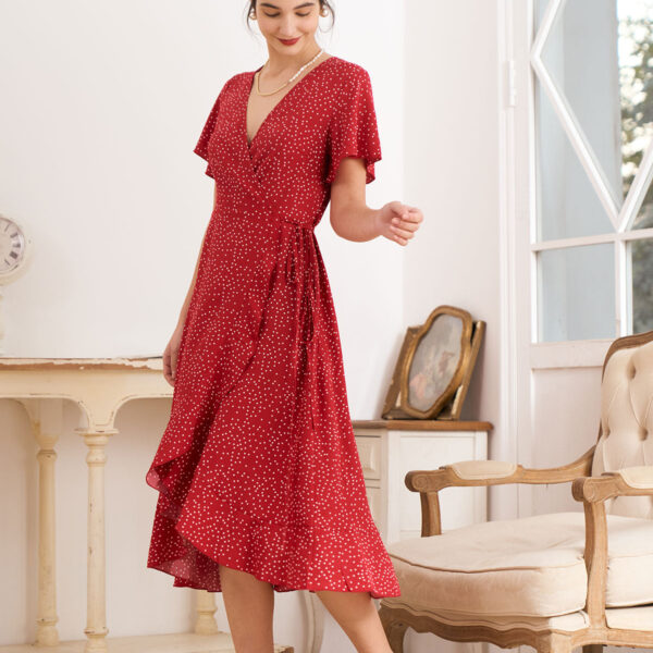 Details:- Polka dot- Ruffle trim- Wrap- High waisted- CasualFabric:It is made of Polyester. Polyester is an artificial fiber that feels soft