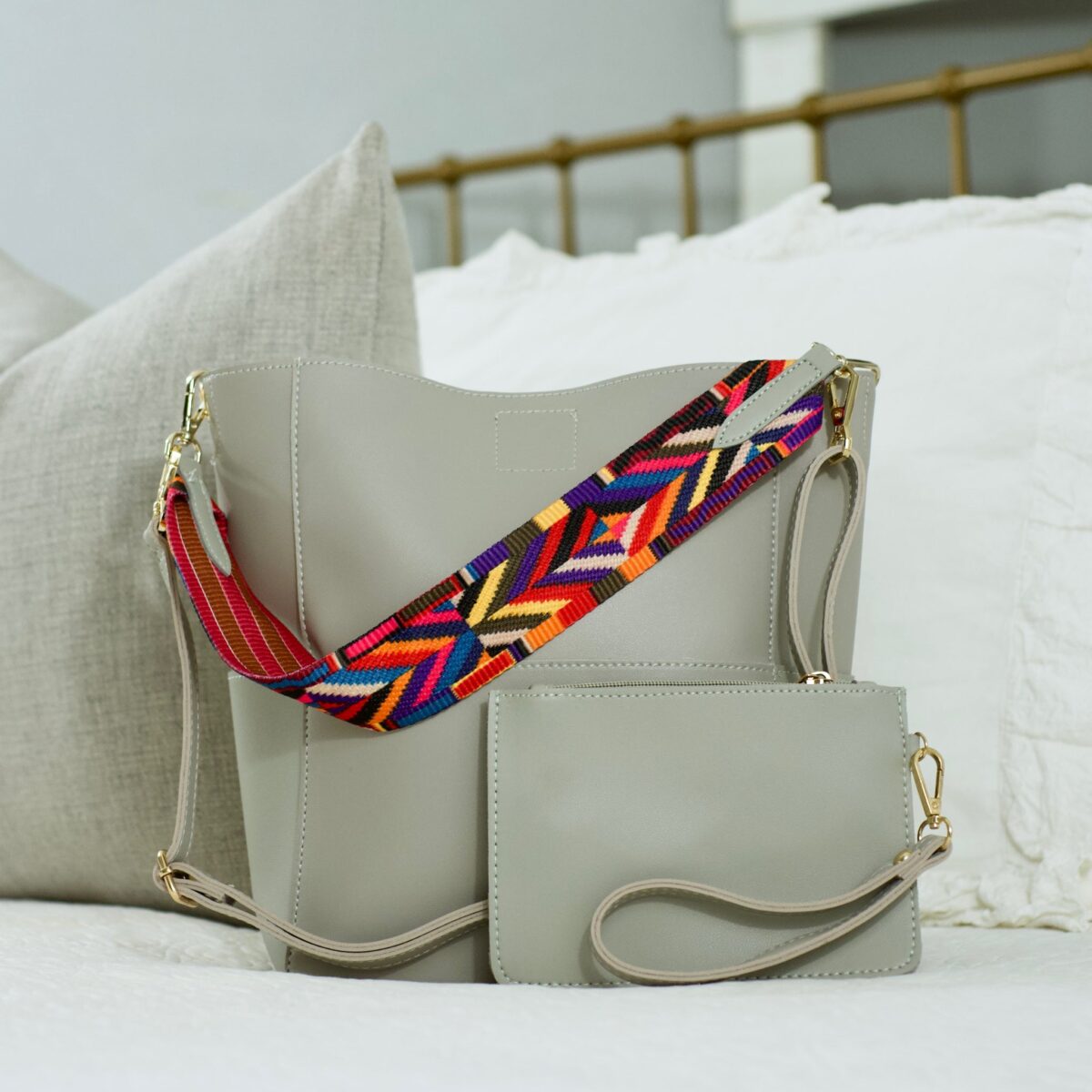 Now you can build your perfect bag! Pick your favorite color vegan leather bag and then pick your favorite style strap to build the perfect bag for you. All straps are interchangeable