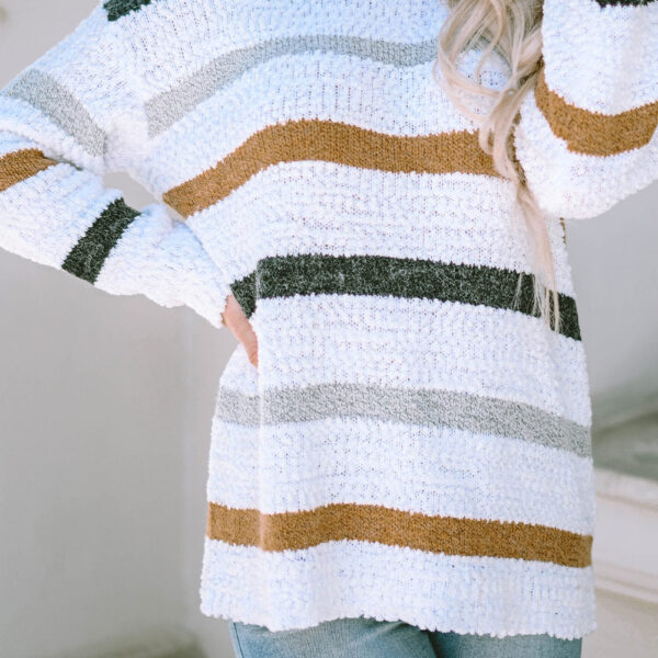 The popcorn texture makes this winter sweater more stylish and popularIt’s classic and never out of date with chic striped patternDrop shoulder design gives a slouchy touch to this knitted topStriped sweater is not only well-received among young people