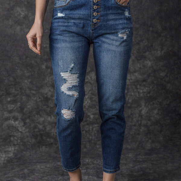 Get ready to rock a chic and edgy look with these Bailee Distressed Button Fly High Waist Jeans. Made with durable denim