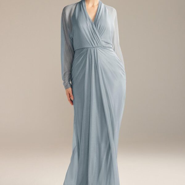 it's a floor-length dress with a mermaid silhouette. The unique minimalist fit-and-flare dress has a V-neckline and transparent open back design