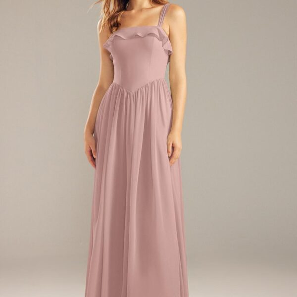built-in bra and side zipper. Her unique square neckline with flair cape-like gathering lined acr