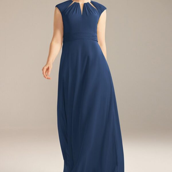 its a graceful floor-length gown with an A-Line silhouette. It features strapless and cap sleeves and a jewel neckline with wide pleats. The dr