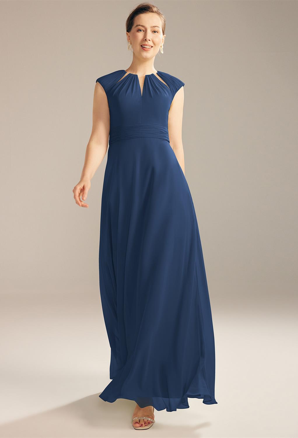 its a graceful floor-length gown with an A-Line silhouette. It features strapless and cap sleeves and a jewel neckline with wide pleats. The dr