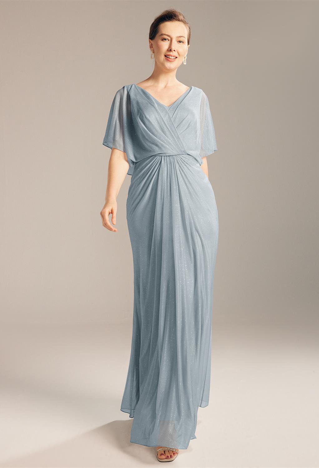 floor-length dress features butterfly strapless sleeves