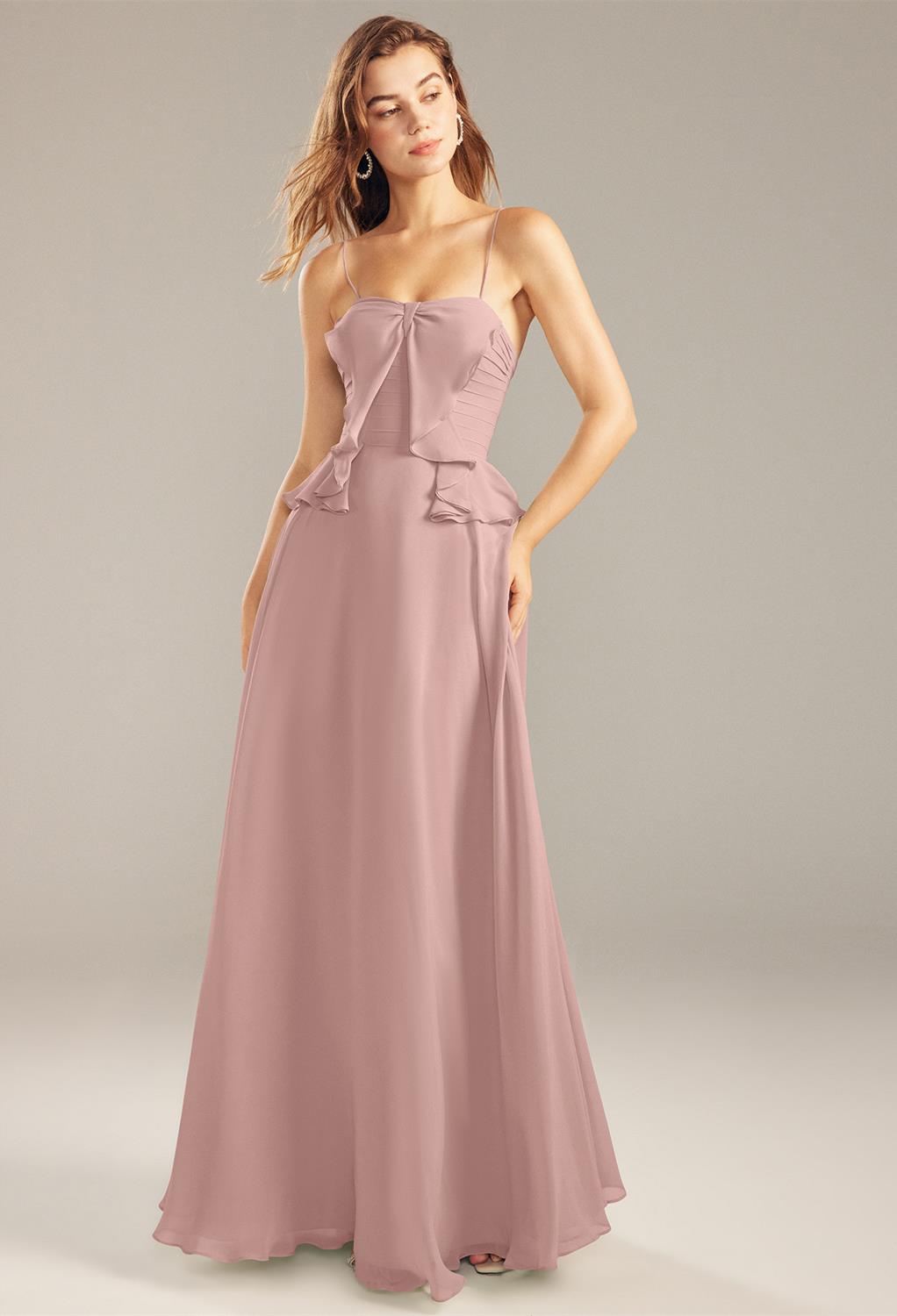 graceful bridesmaid dress. It's a floor-length gown designed with top-grade chiffon fabric. This A-line bubbly dress has an asymmetrical neckline