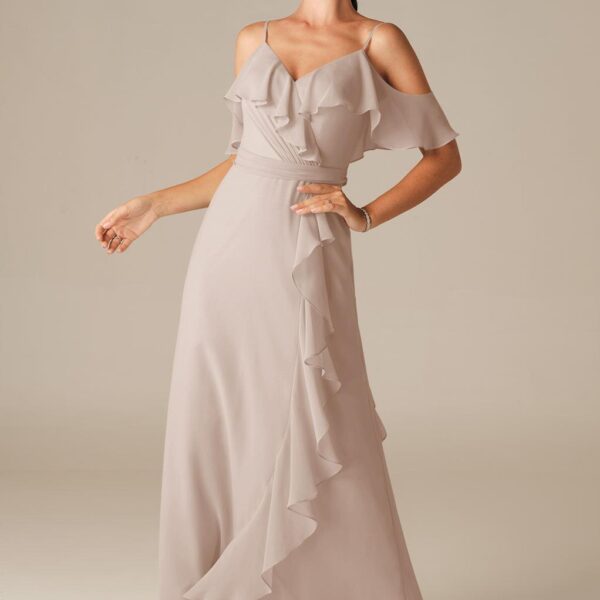 Spaghetti straps and pretty sleeves bring a lively flirty charm to the Barometer dress.The floor length of the dress and the understated pleated design offer a romantic delight to this chiffon gown.Perfect for the bridesmaid looking for a dress that will