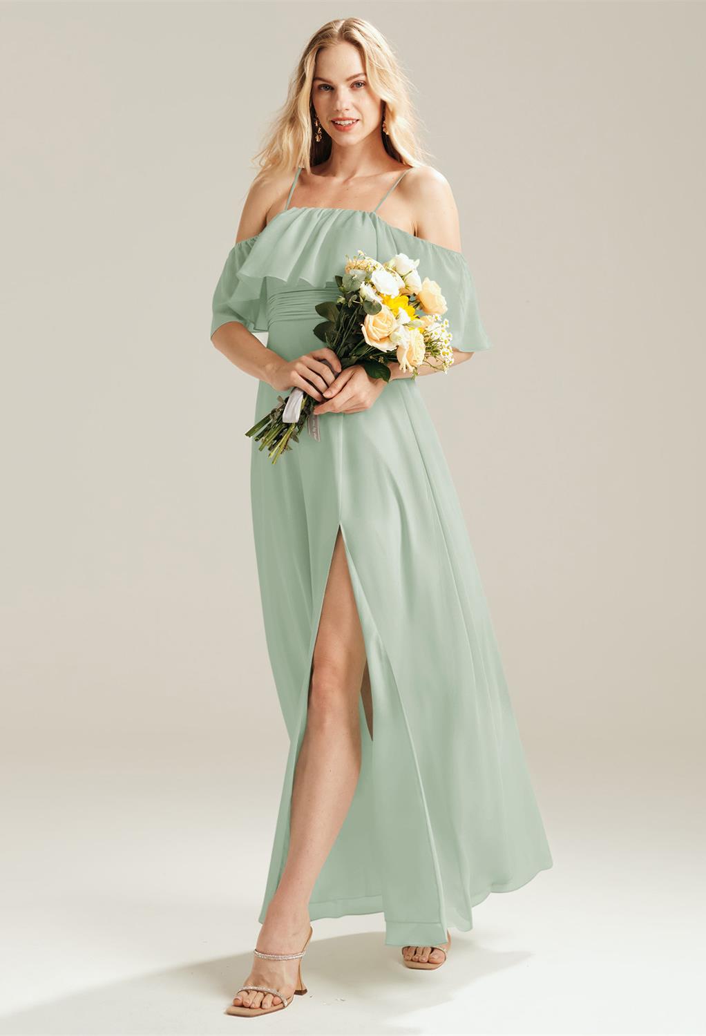 The floor-length Bertie dress boasts a cool chiffon look that offers the traditional charm that you are looking for. The spaghetti straps are elegant and make this lovely bridesmaid dress an ideal choice for a spring or summer event. The perfect pleats wi