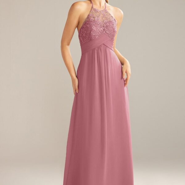 floor length bridesmaid dress is made from delicate lace. Designed as a sleeveless
