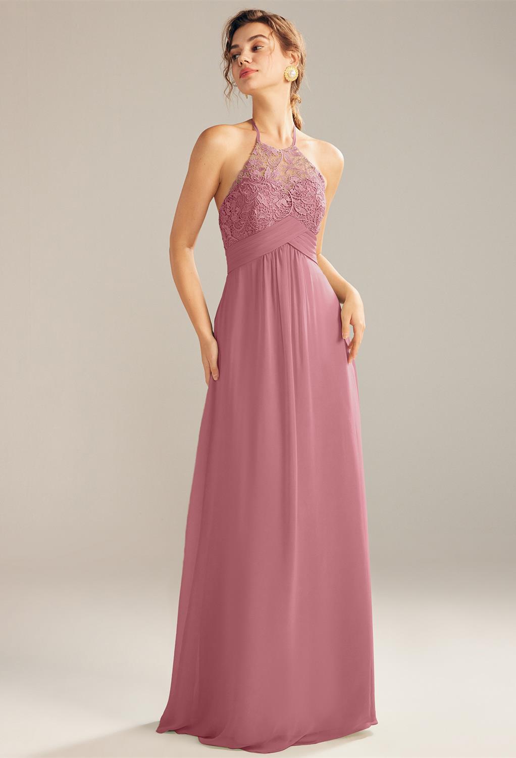 floor length bridesmaid dress is made from delicate lace. Designed as a sleeveless