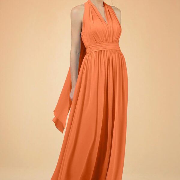 this dress boasts pretty pleats and a floor length skirt that's entirely elegant. The dress is offered in a number of beautiful