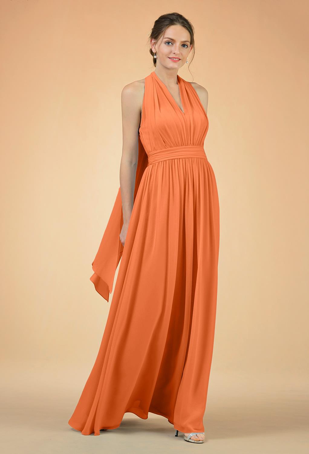 this dress boasts pretty pleats and a floor length skirt that's entirely elegant. The dress is offered in a number of beautiful