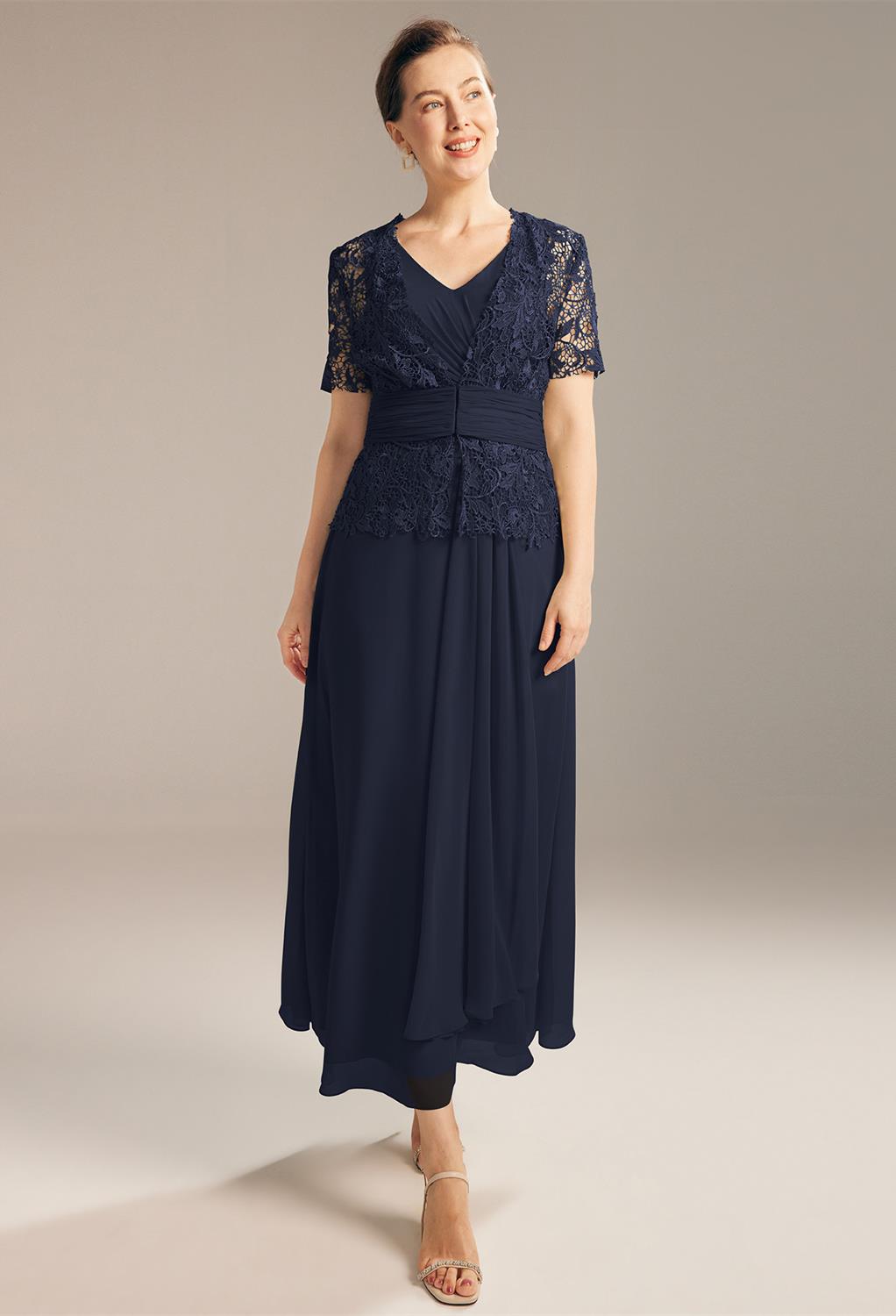 floral embroidered lace jacket and a chiffon strapless A-line