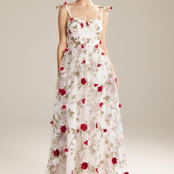 this A-line floor-length dress is designed as a garden of red roses. Its sheer straps uphold the fit