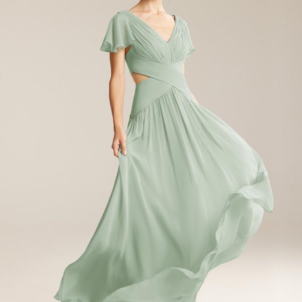 runway-worthy outfit. This draped design A-line floor-length dress is cut from exquisite chiffon. It accentuates your body gorgeously as you slay next to the bedazzling bride. Designed with butte