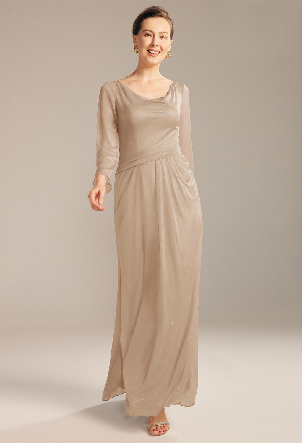 long-sleeved mermaid dress cut from high-quality glitter mesh fabric. Comet boasts of its minimal peep-back design held together by a single button on its jewel neckline. Thi