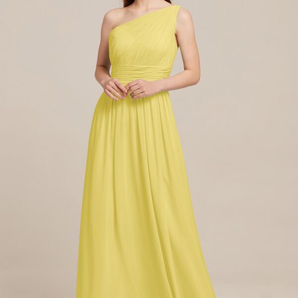 This updated toga brings classical style to your modern bridal party. Darlene is a stunning slip of chiffon that every woman can feel confident in. One-shoulder styling leads to a split strap in back for visual interest. Allover pleating and a wide cummer