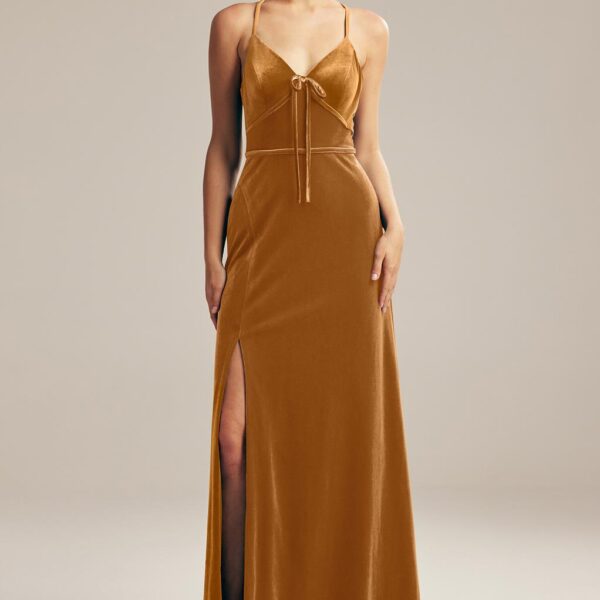 floor-length dress features an enchanting V-neck