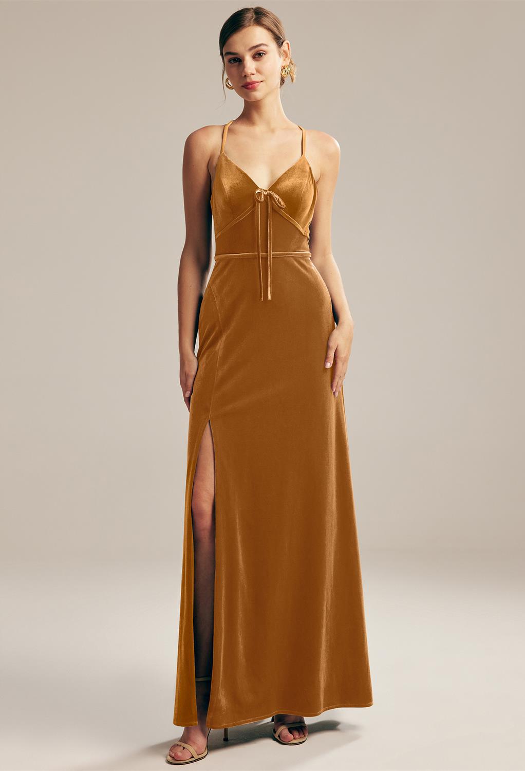 floor-length dress features an enchanting V-neck
