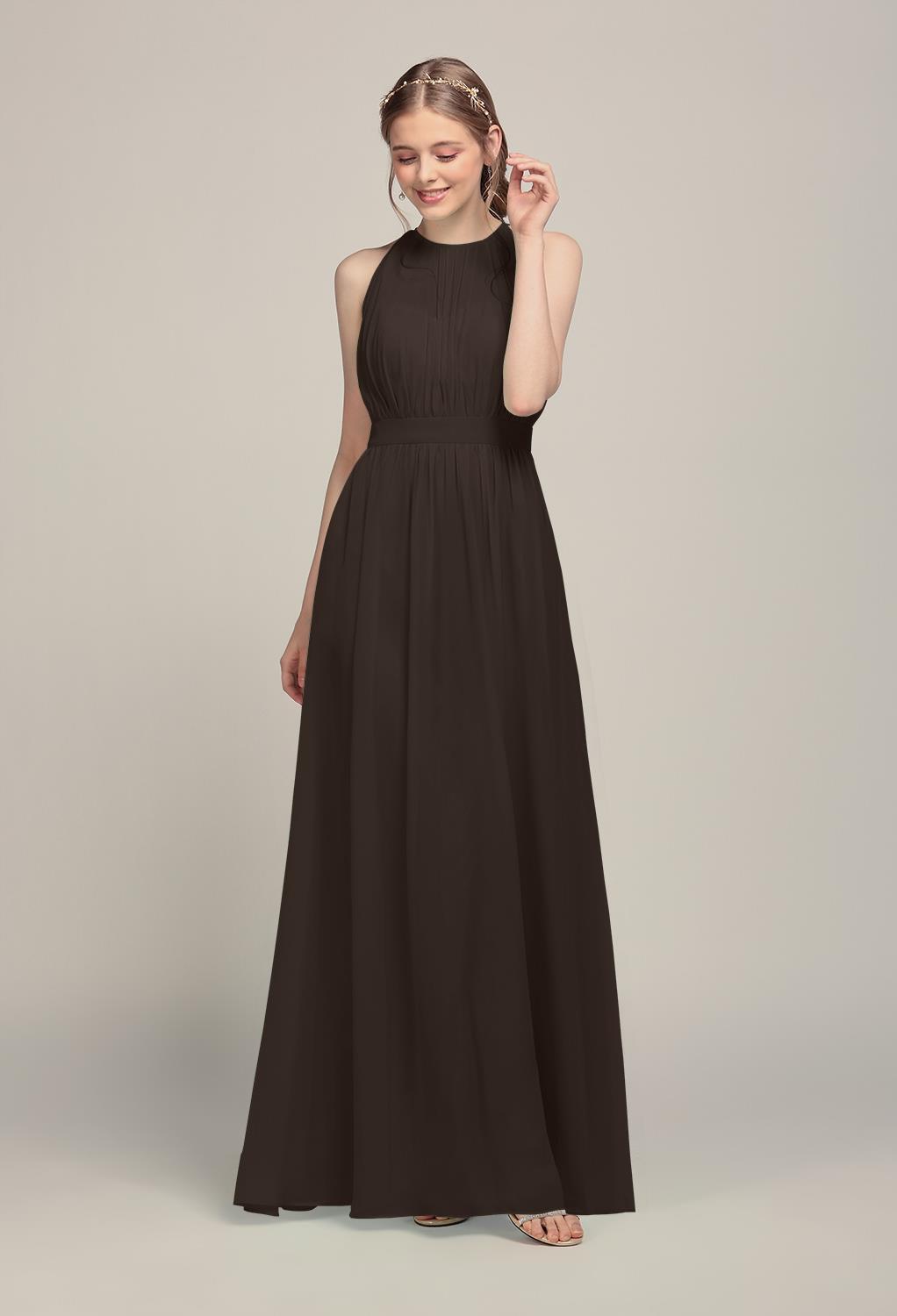 on a bodice that's wholly flattering and simply pretty. The dress offers a floor length chiffon A-line silhouette that will be the perfect choice for a bridesmaid