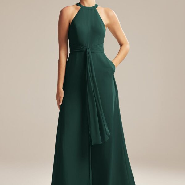 this stylish bridesmaid piece is made with top-quality chiffon material. Its charming jewel neckline exudes comfort