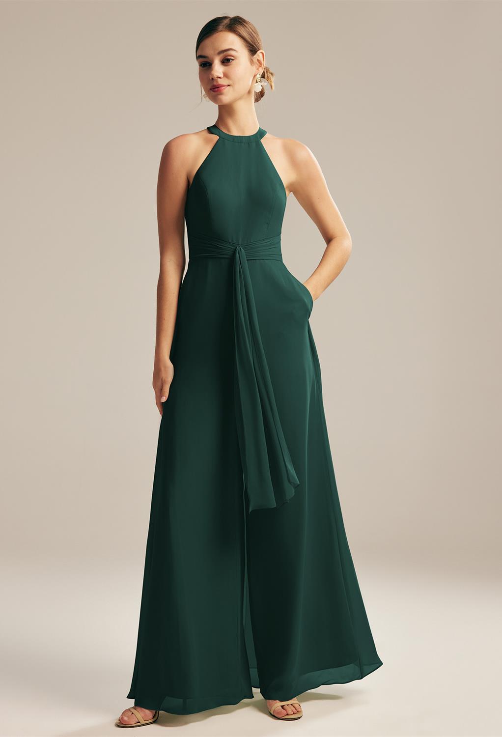 this stylish bridesmaid piece is made with top-quality chiffon material. Its charming jewel neckline exudes comfort